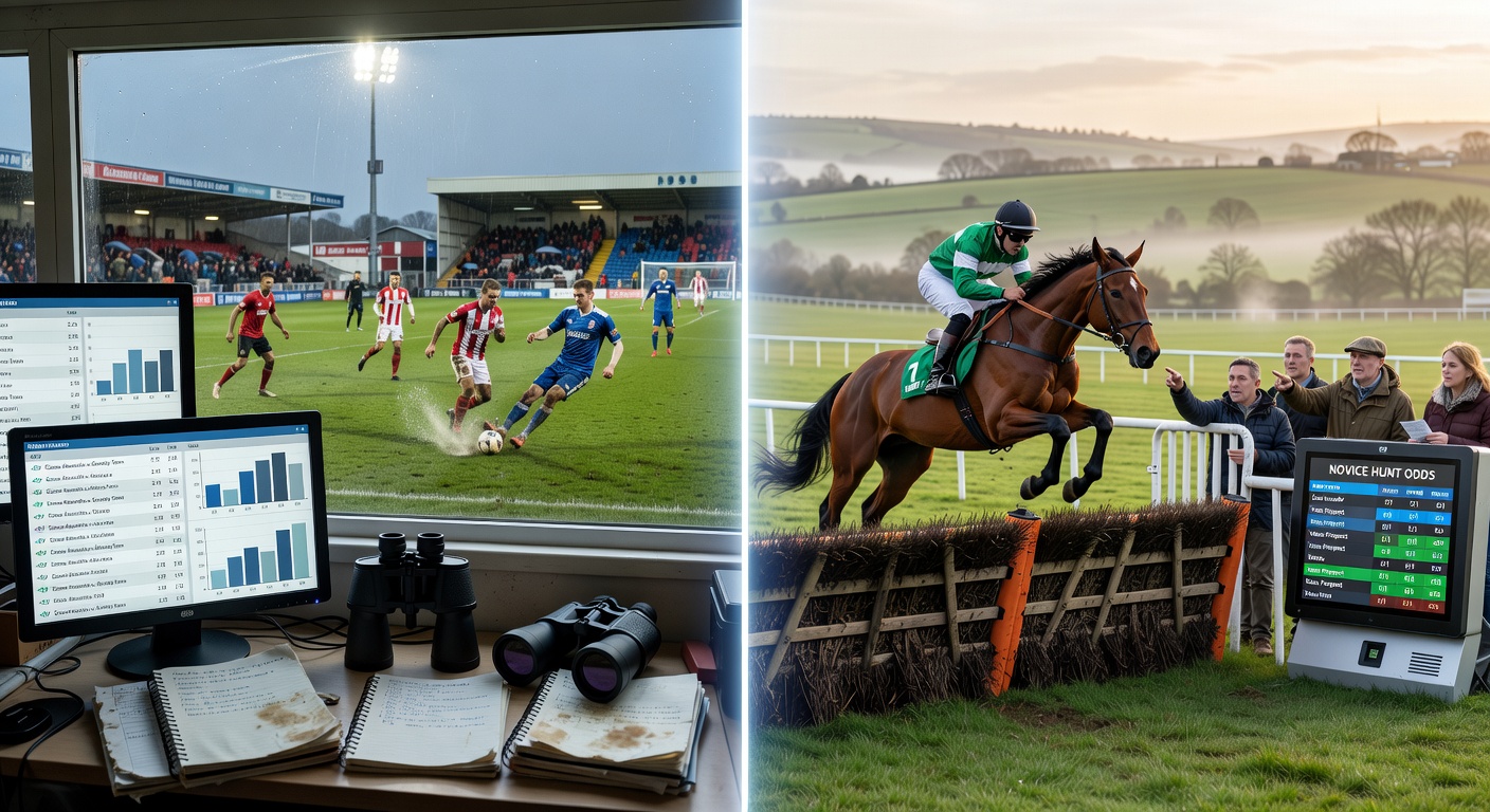 A novice National Hunt horse leaping a hurdle mid-race on a spring afternoon, with jockey focused and crowd in the background, capturing the thrill of jumps racing
