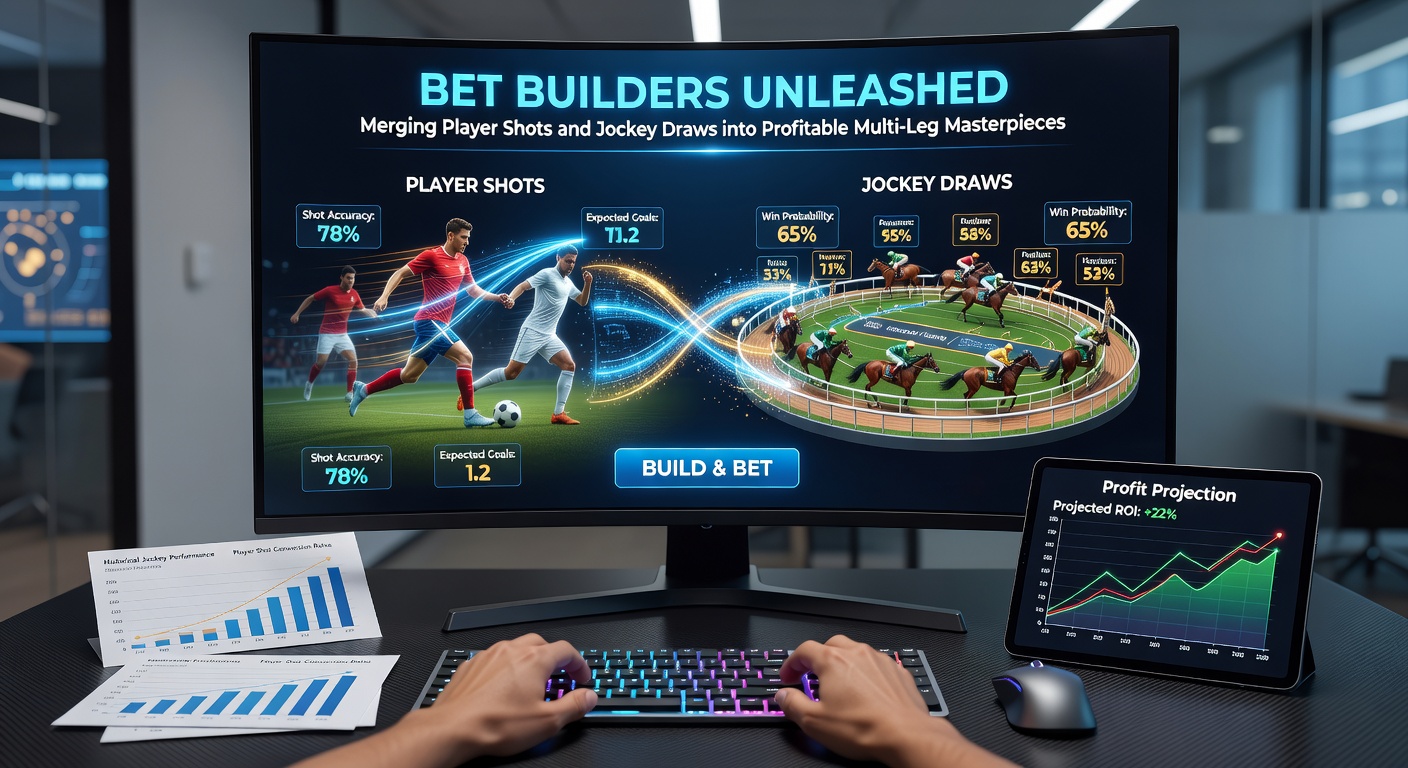 Split-screen image of a footballer taking a shot on goal beside a close-up of horse racing starting stalls, illustrating bet builder fusion