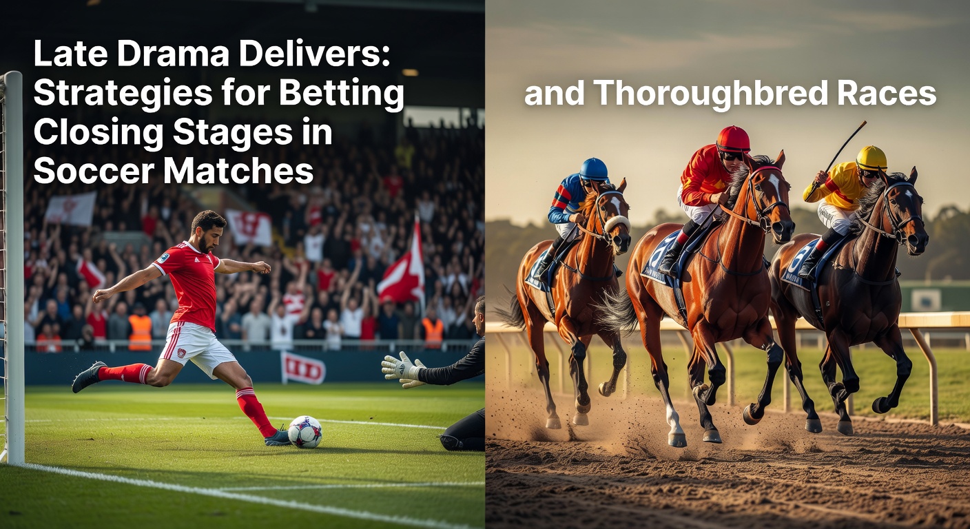 A tense soccer match enters stoppage time with players pushing forward, while in the background a horse race reaches its thrilling final stretch