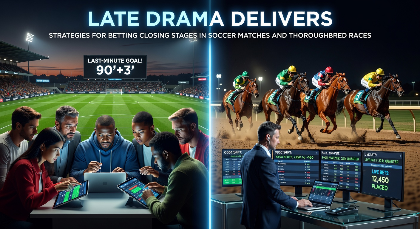 Horse racing photo finish at the wire with jockeys urging mounts in a tight stretch battle, crowd in frenzy