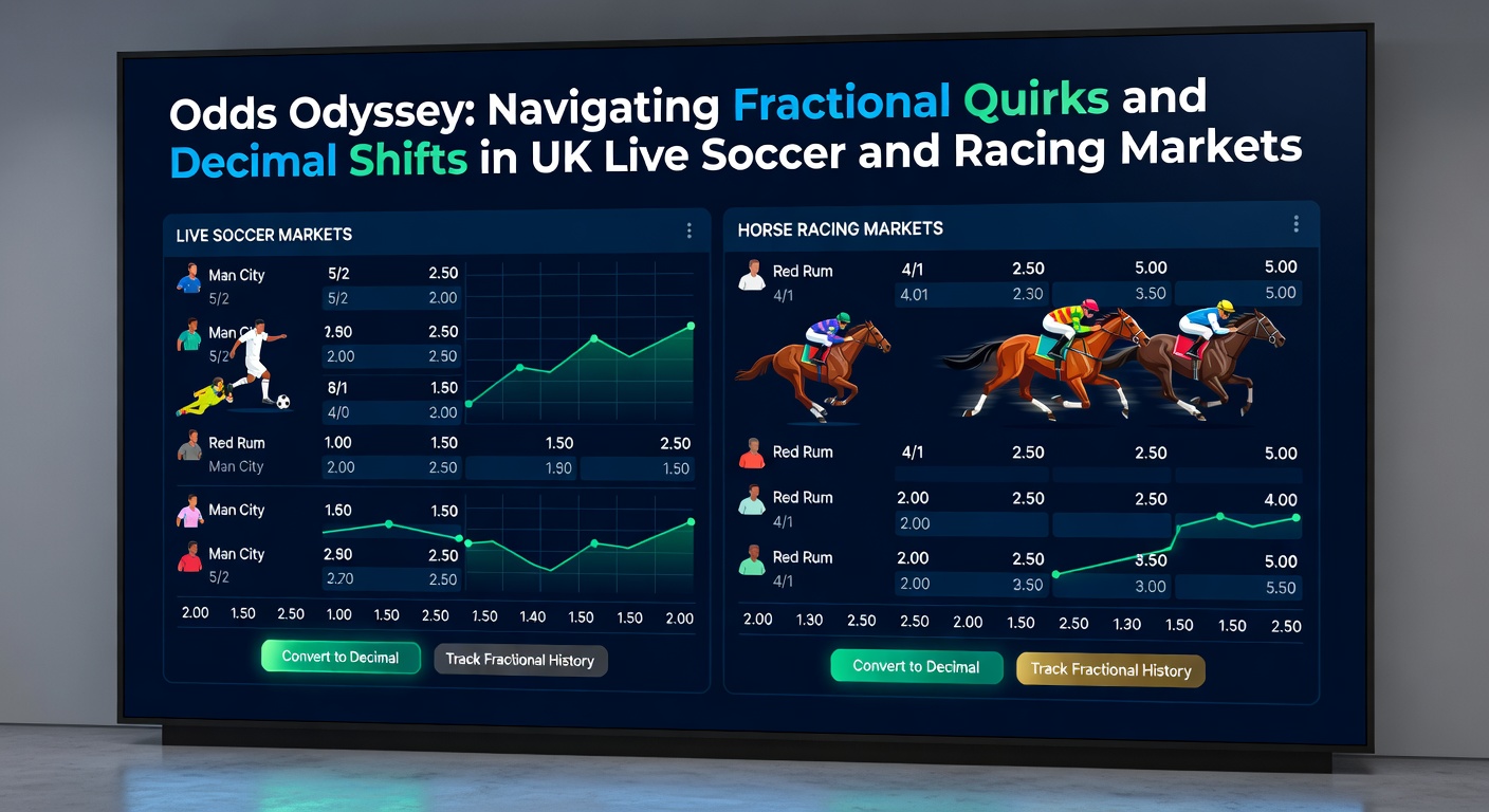Horse racing in-play odds board contrasting fractional and decimal formats during a tight finish