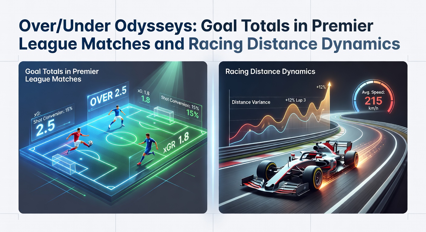 A dynamic split image showing Premier League players celebrating a goal alongside horses thundering down a racetrack, highlighting the intensity of over/under betting markets