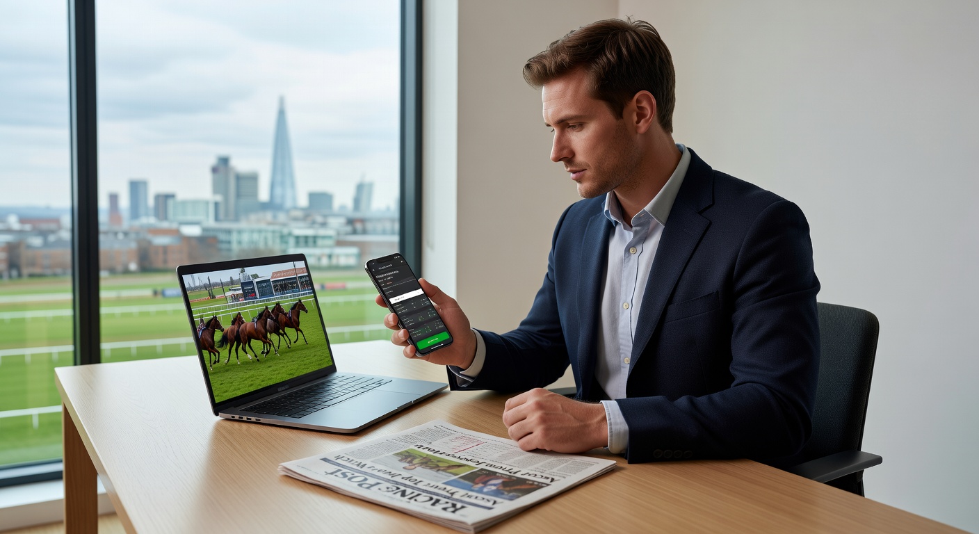 Smartphone screen showing a horse racing betting app with live odds and race form data displayed during a UK track event