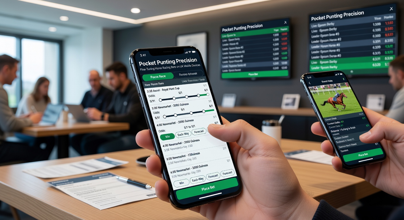 Tablet device open to a horse racing app during live action, displaying in-play odds adjustments and cash-out options for a UK flat race
