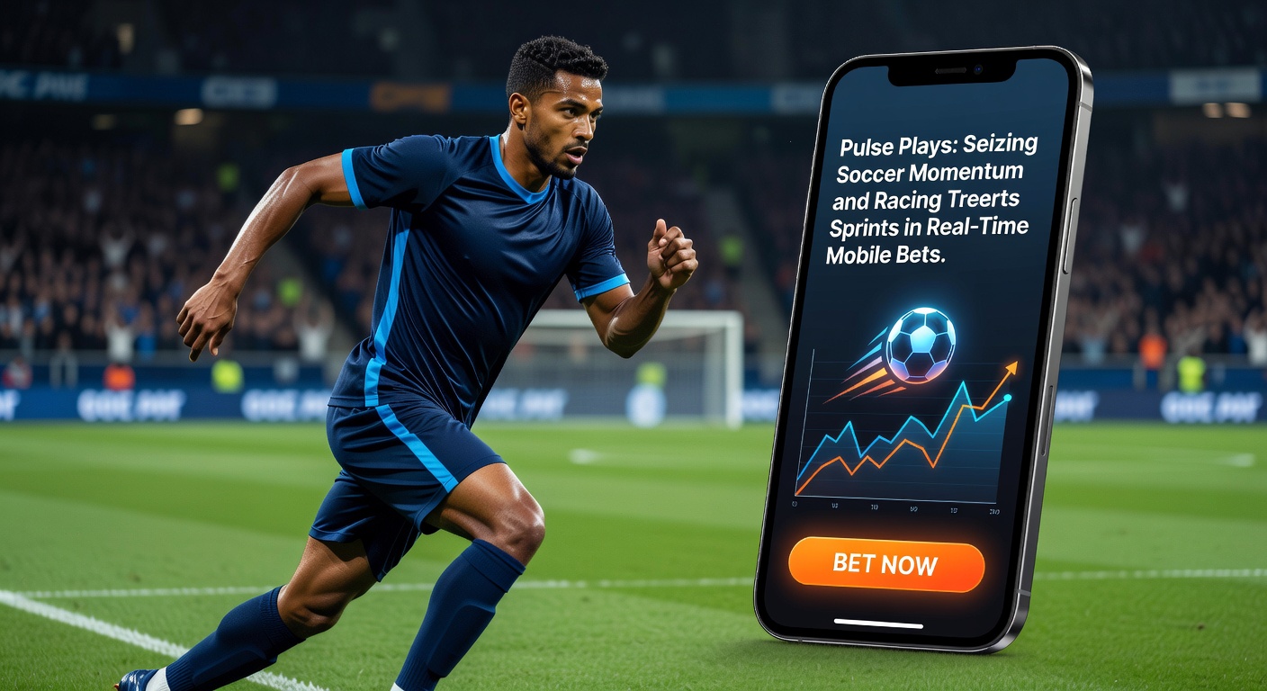 Dynamic graphic of a soccer player charging forward with momentum arrows, overlaid on a horse racing sprint finish line, symbolizing real-time betting pulses