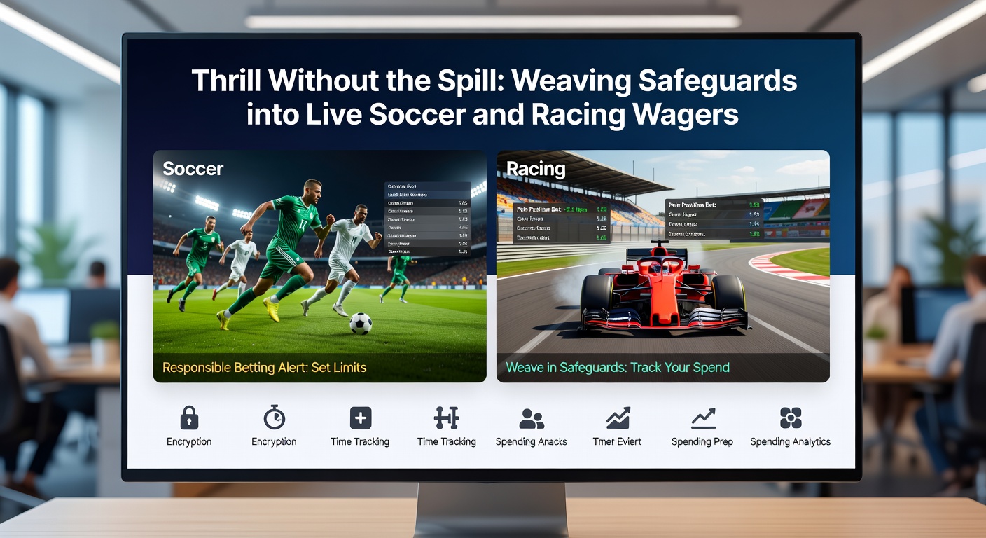 Horse racing finish line with digital safeguards interface shown on a bettor's mobile device, emphasizing responsible in-play controls