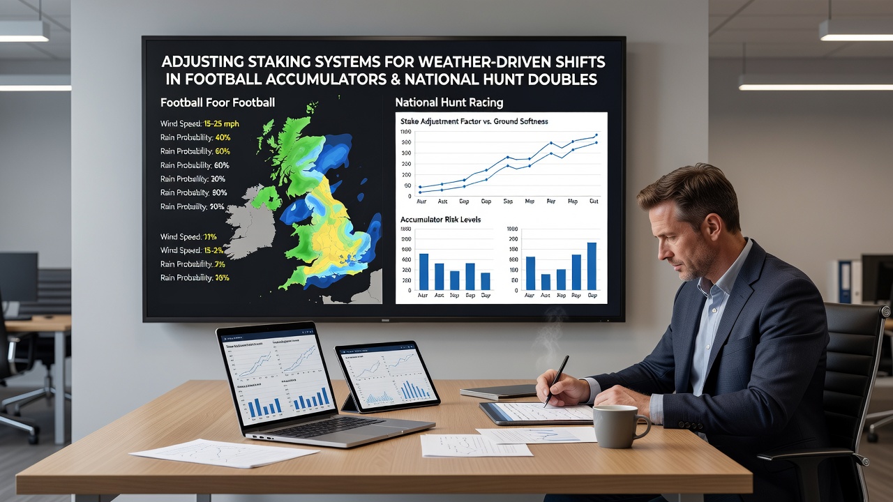 Charts displaying stake adjustment percentages correlated with rainfall levels in football and national hunt events