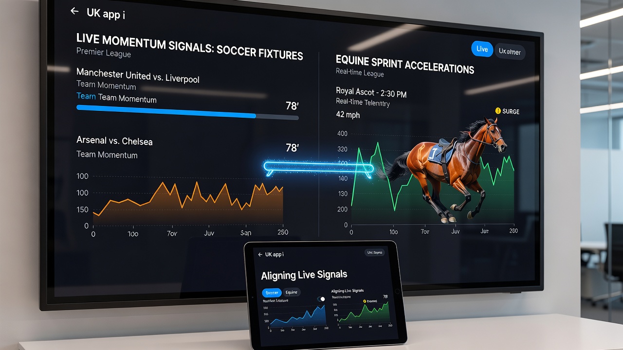 Close-up view of mobile screen showing synchronized timelines of soccer possession surges and horse velocity peaks in a UK betting application