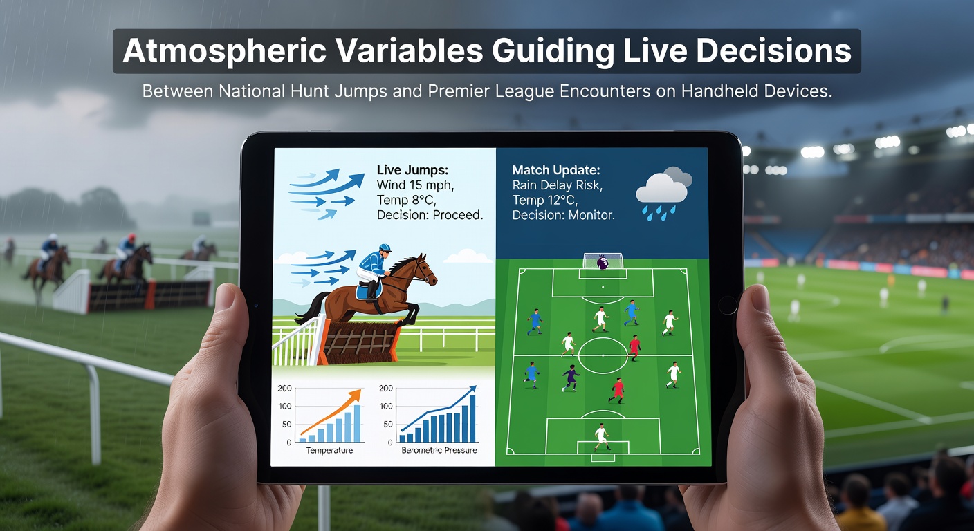 Mobile device displaying live betting interfaces for horse racing jumps and football matches under varying weather icons