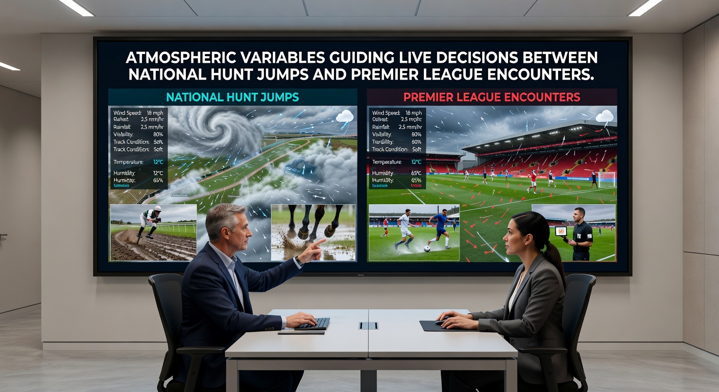 Split-screen view of weather radar alongside betting odds for jumps racing and Premier League matches on a smartphone