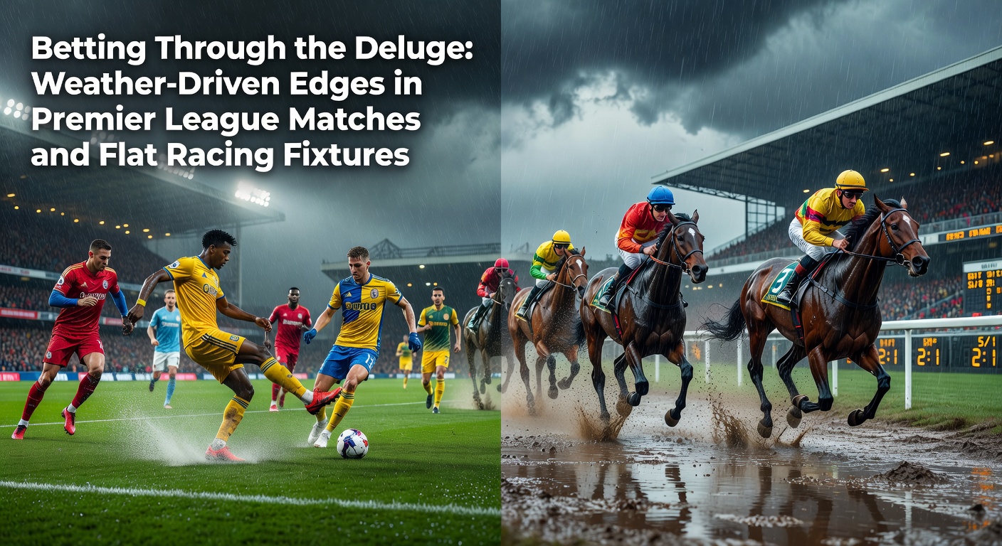 A rain-drenched Premier League pitch with players sliding through puddles during a match, highlighting weather's chaotic influence on gameplay