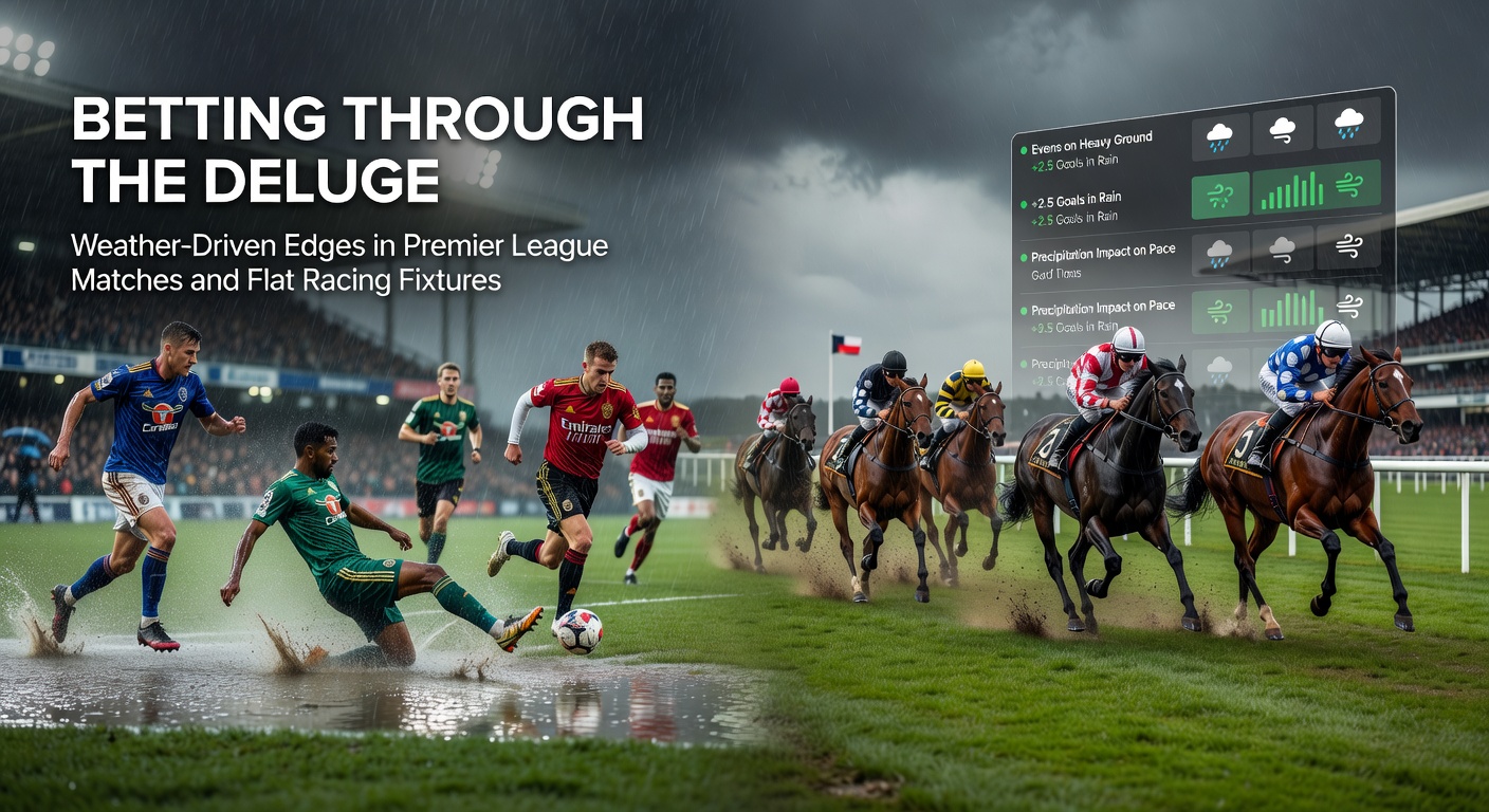 A flat racing horse galloping through deep mud on a rain-soaked track, spray flying from hooves, illustrating how wet conditions level the playing field for underdogs