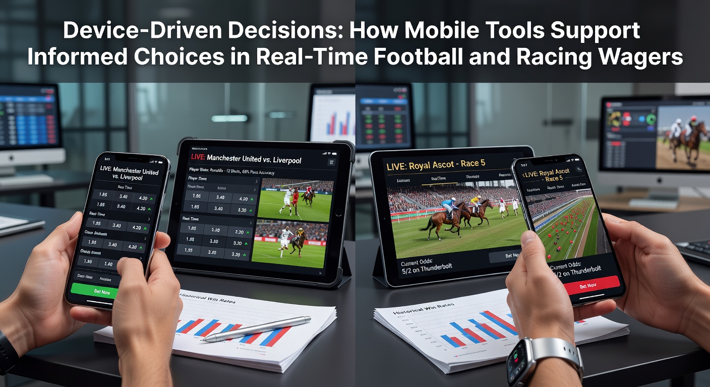Mobile phone displaying live football and horse racing betting interfaces with real-time stats and odds updates