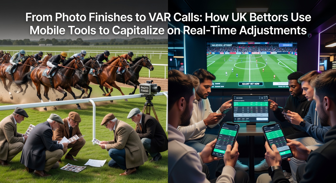 UK bettors checking mobile apps during live horse racing photo finishes and football VAR reviews