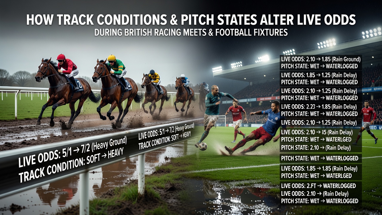 Racecourse track with varying ground conditions affecting horse performance and live betting adjustments during a British meet