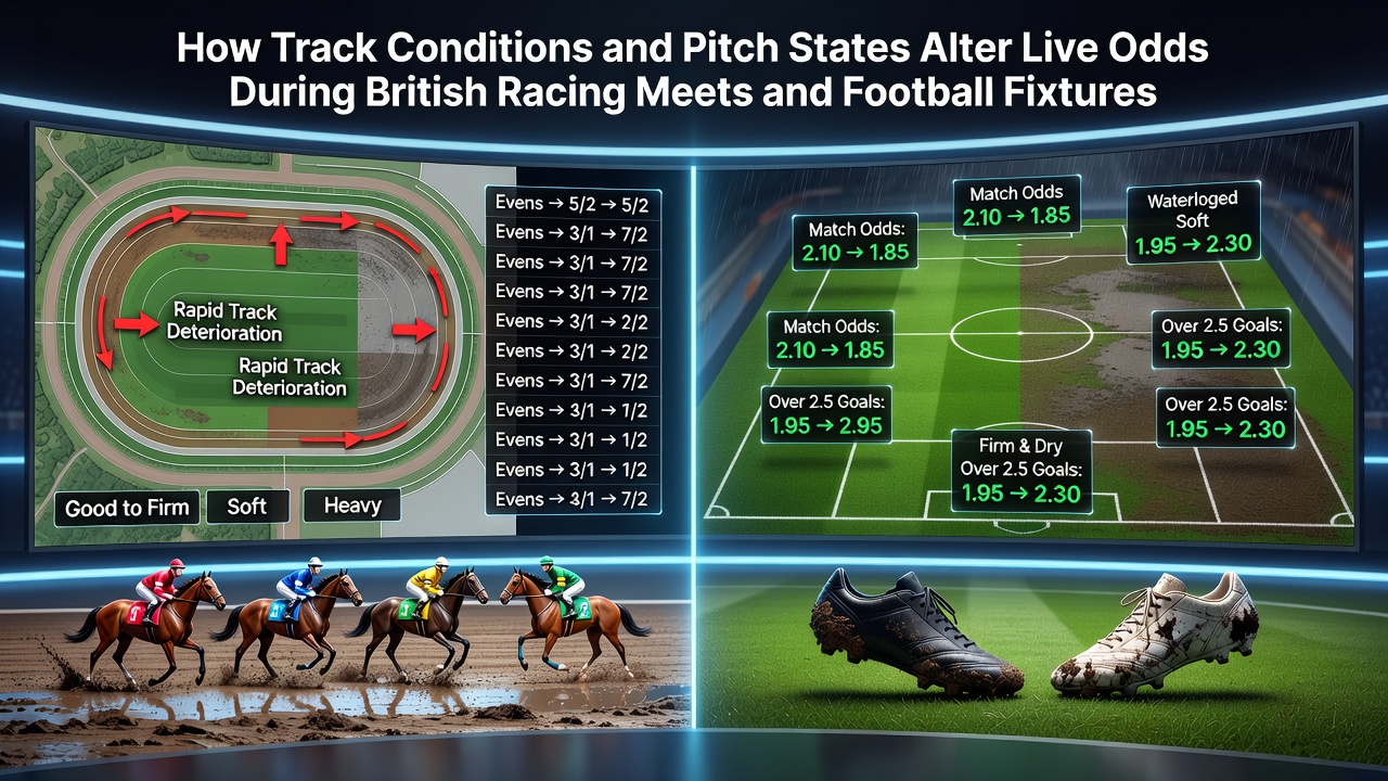 Football pitch during a British fixture showing wet conditions that influence ball movement and prompt live odds updates