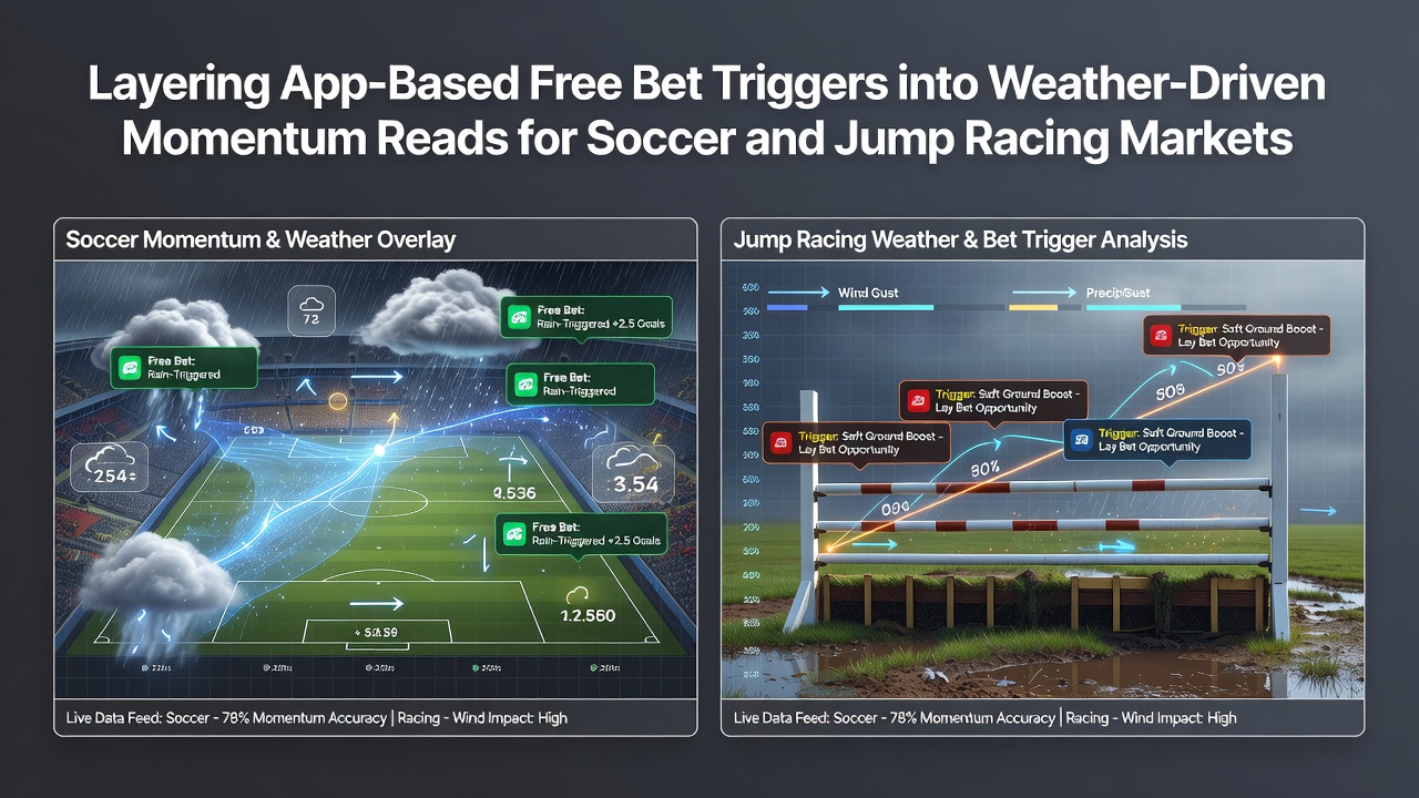 Mobile app interface displaying free bet options alongside live weather data overlays for soccer and racing events