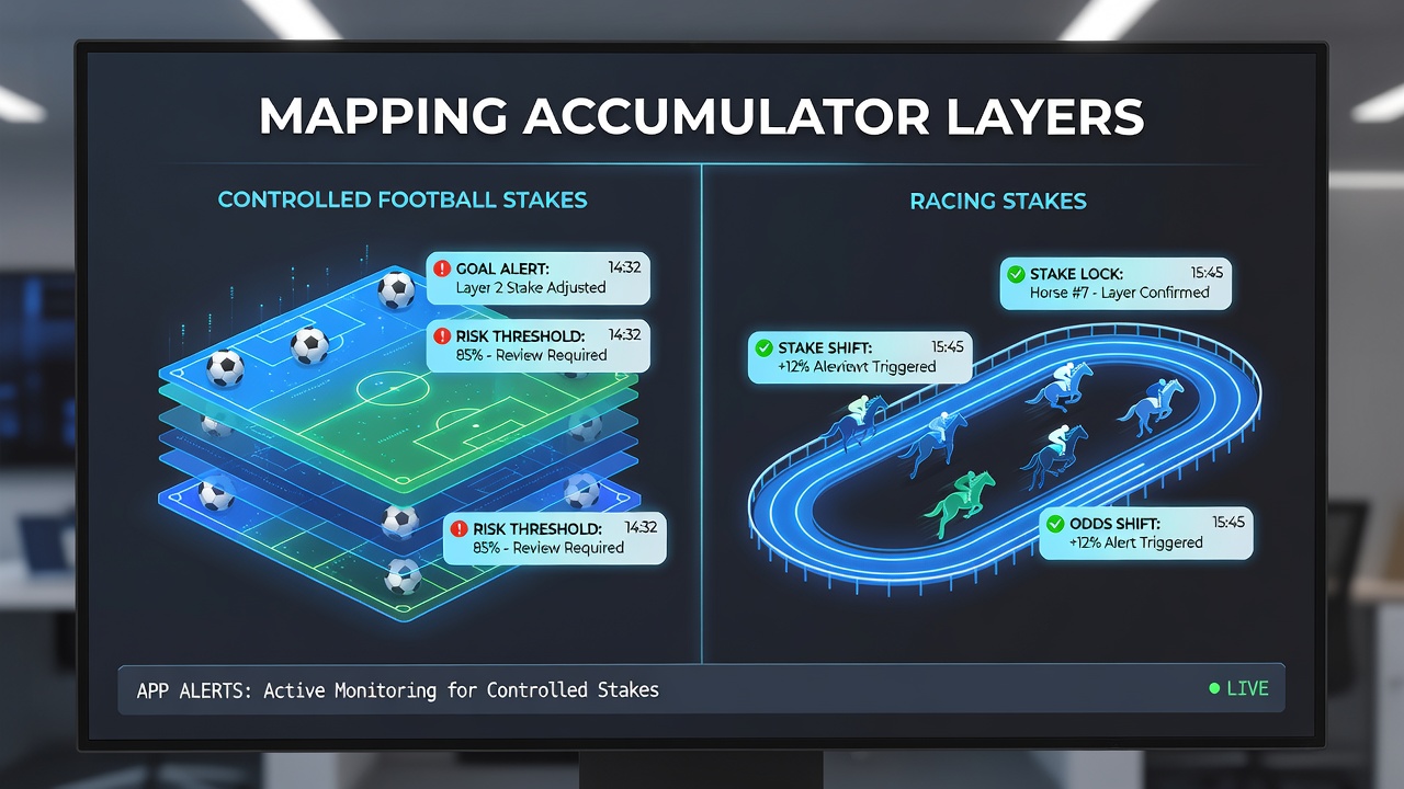 Mobile app interface displaying layered accumulator alerts for football and racing stakes
