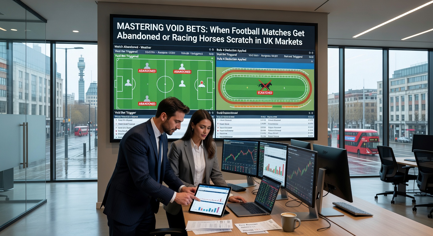 A foggy football pitch with players standing idle under referee signals, alongside an empty horse racing stall at dawn