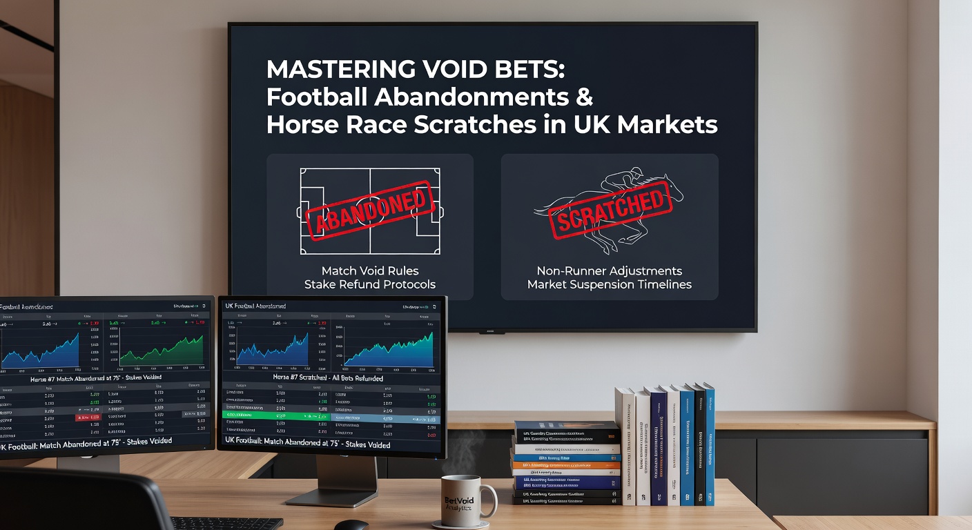 Horse racing starting gates with one stall conspicuously empty, next to a rain-slicked football field marked by yellow hazard flags