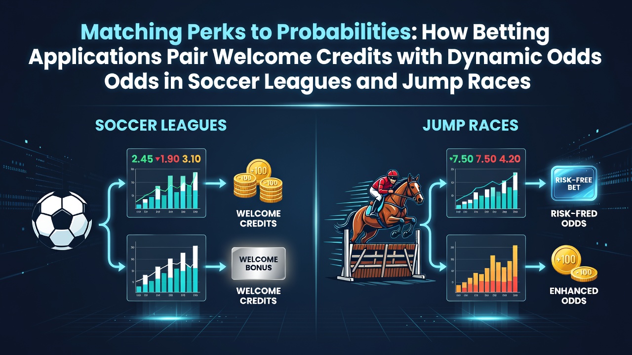 Betting app interface showing welcome credits matched with soccer league odds and jump race probabilities