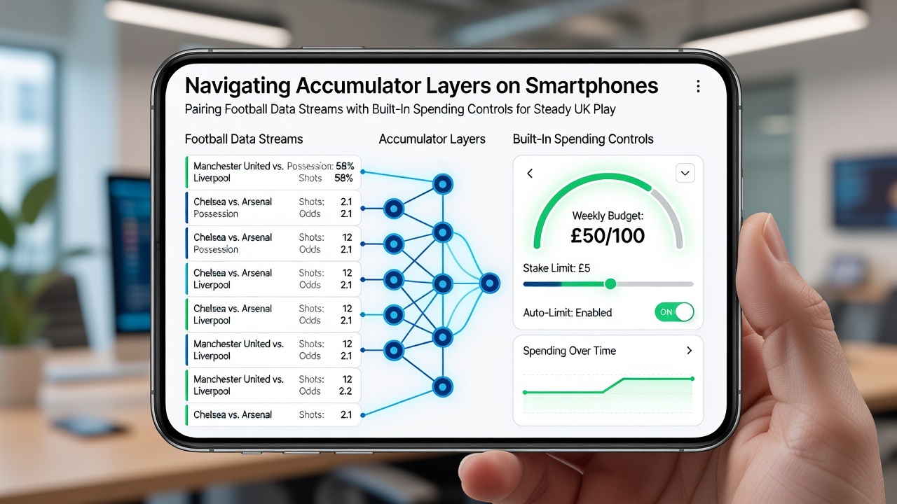 Smartphone screen displaying layered football accumulator bets with live data overlays and spending limit settings