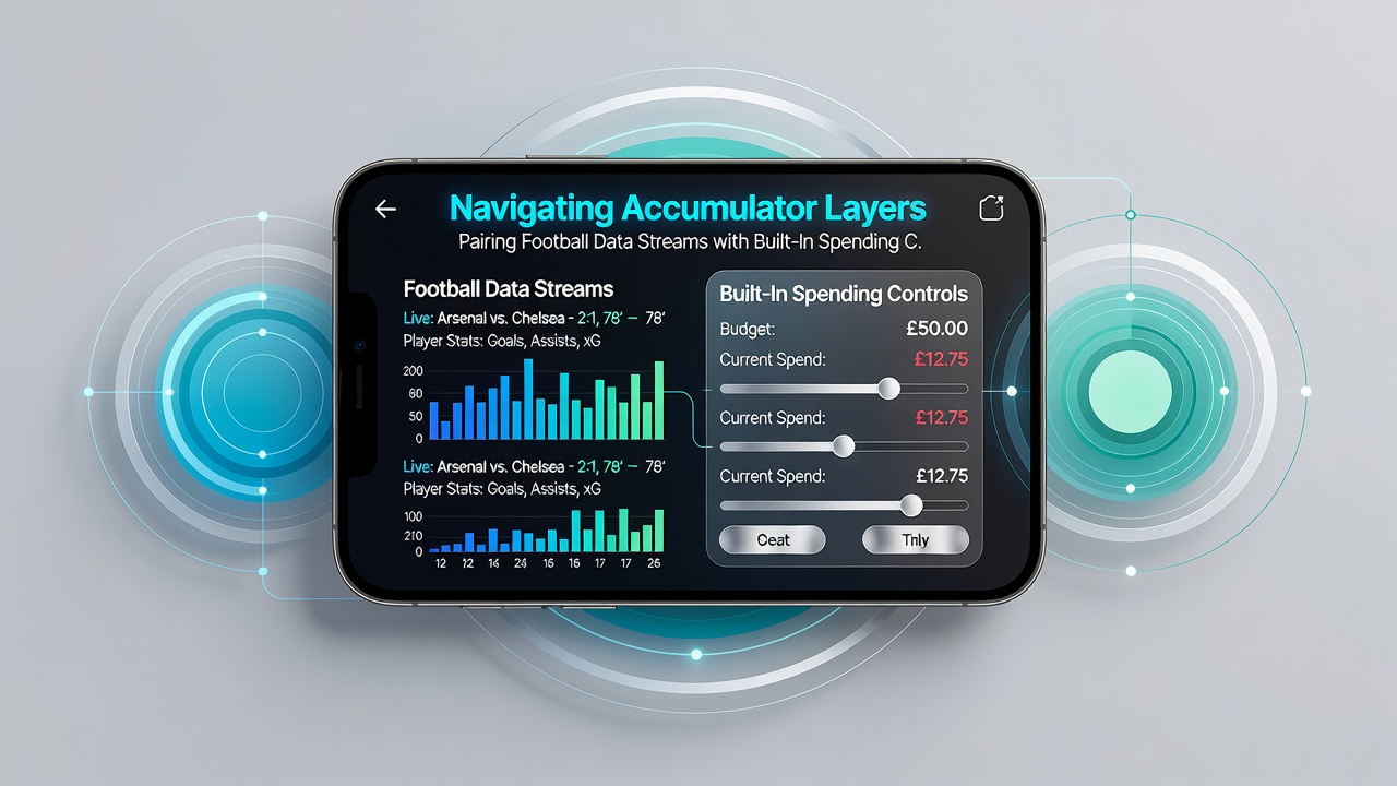 Close-up of mobile interface showing accumulator layers alongside spending control dashboard with real-time football stats