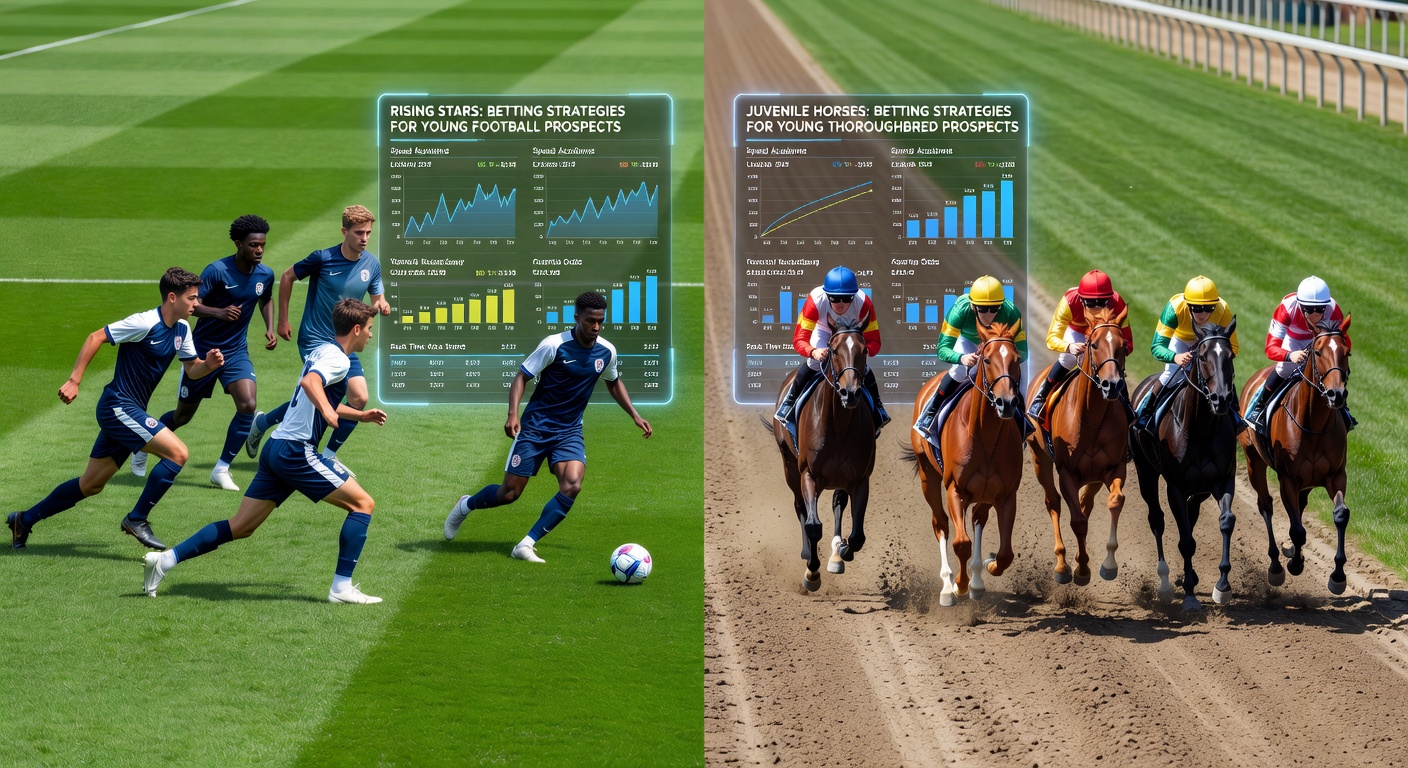 Close-up of a juvenile horse thundering down the straight with a young footballer celebrating a goal in the background, highlighting betting opportunities on rising sports stars