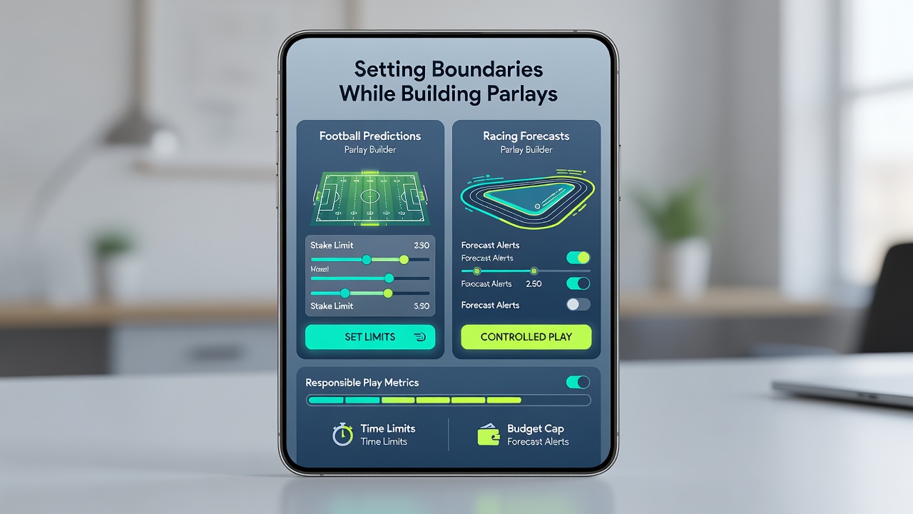 Mobile betting app interface showing parlay builder with deposit limit controls and session timers for football and racing forecasts