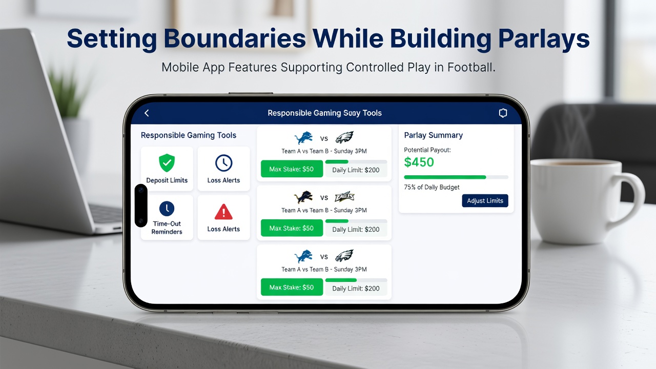 Dashboard view of mobile app with budget tracker, reality check prompt, and parlay summary for controlled betting in soccer and horse racing