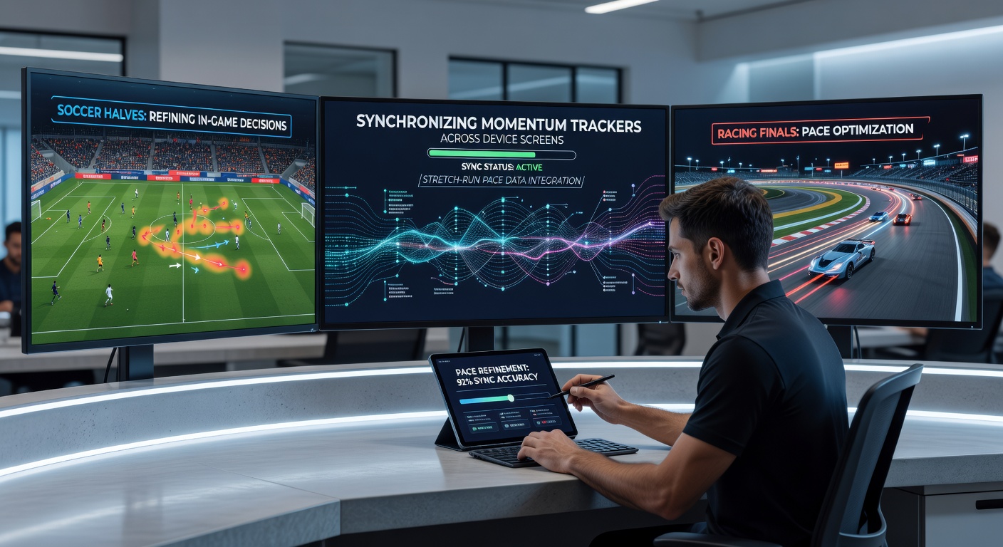 Multiple device screens displaying synchronized momentum trackers and pace data overlays for soccer and horse racing events