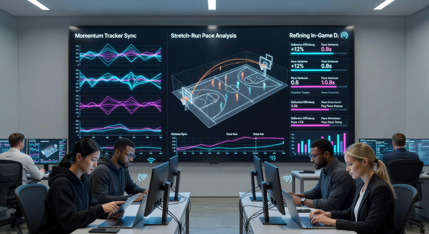 Close-up view of synchronized pace charts and momentum indicators on tablet and laptop screens during a horse racing final stretch