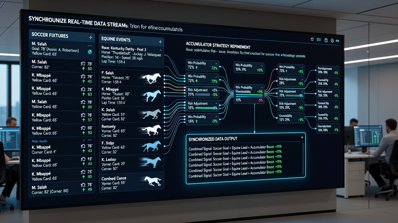 Mobile screen displaying synchronized accumulator builder with live soccer and horse racing data feeds