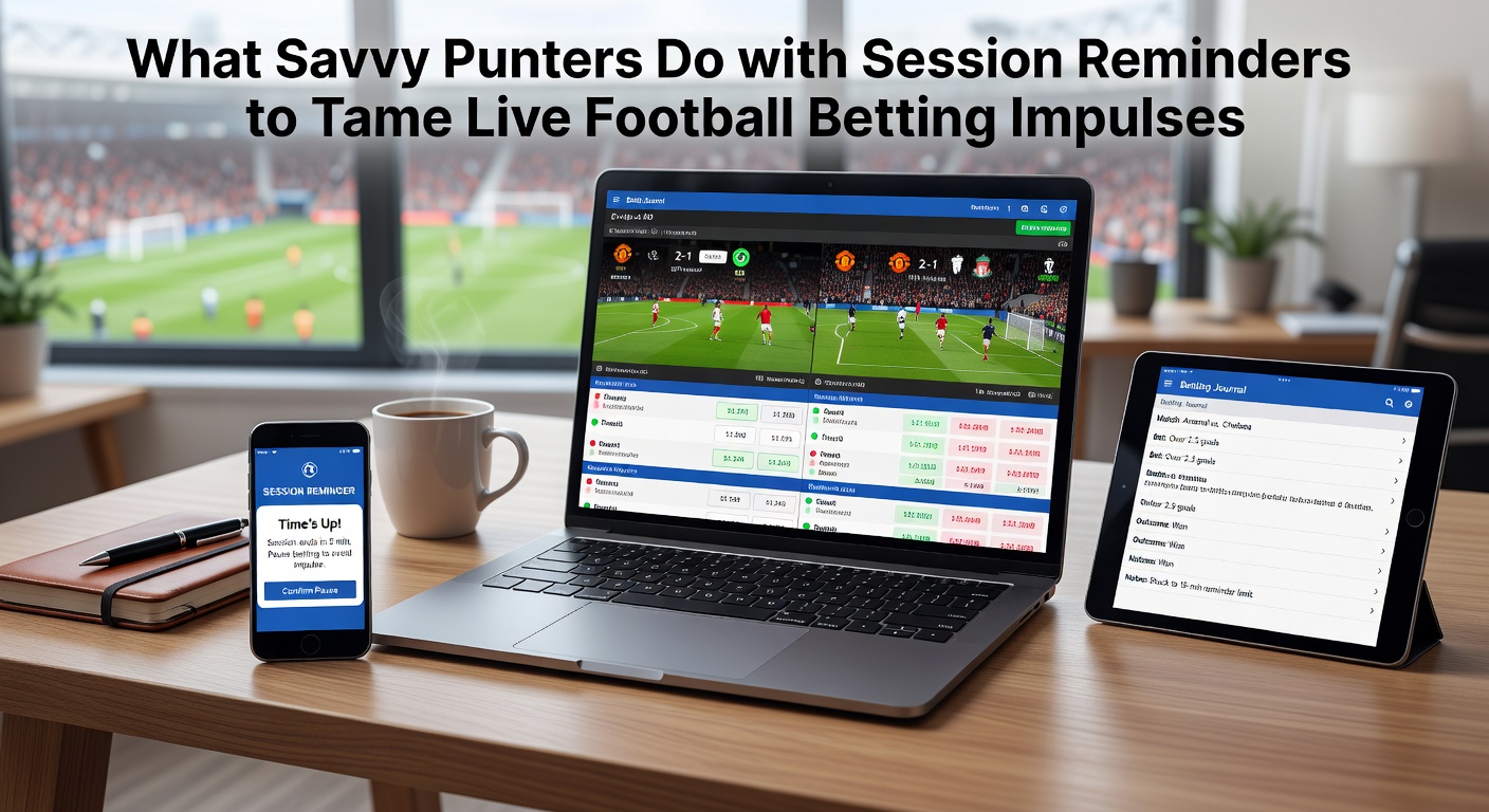 A smartphone screen displaying a betting app with a session reminder popup during a live football match, highlighting time and spend limits