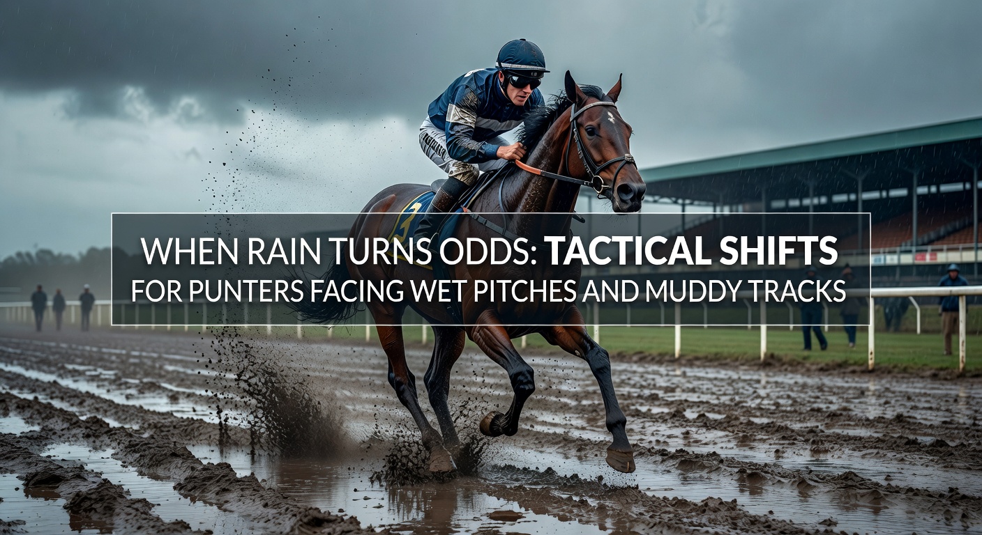 A muddy horse racing track under heavy rain with jockeys navigating challenging conditions